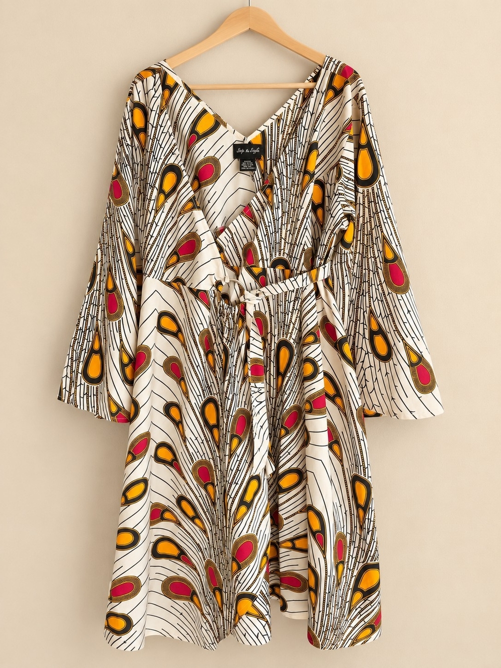 Step In Style One Size Cotton Wrap Midi Dress African Print Boho Bell Sleeve
